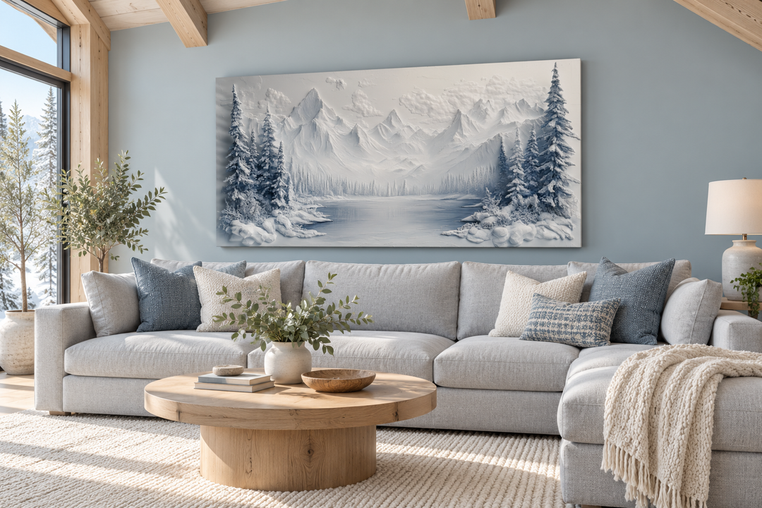 Snowy mountain lake with pine trees winter framed canvas wall art above a grey sectional sofa.