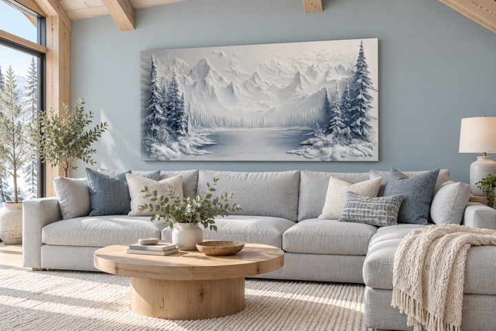 Snowy mountain lake with pine trees winter framed canvas wall art above a grey sectional sofa.