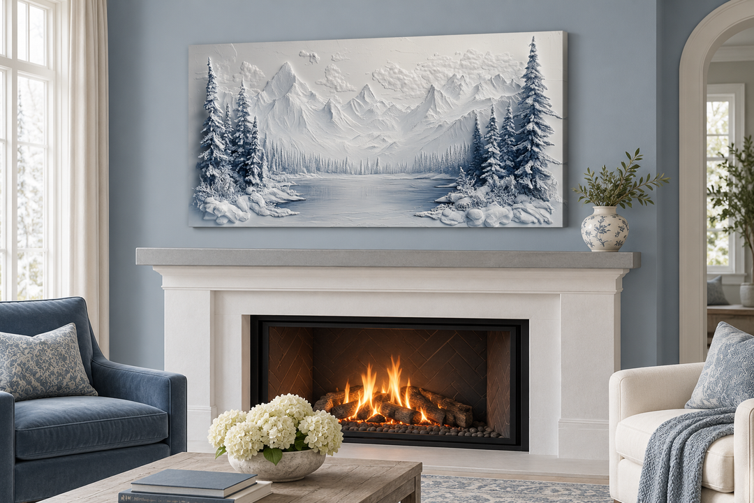 Snowy mountain lake with pine trees winter framed canvas wall art above a fireplace.