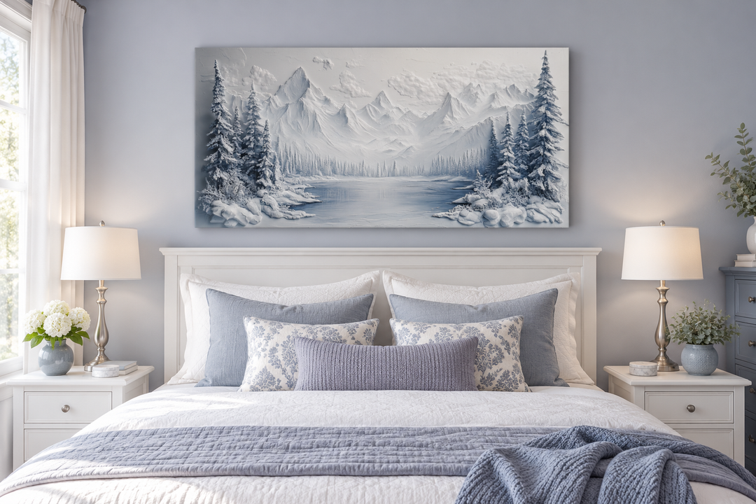 Snowy mountain lake with pine trees winter framed canvas wall art hanging above a bed.