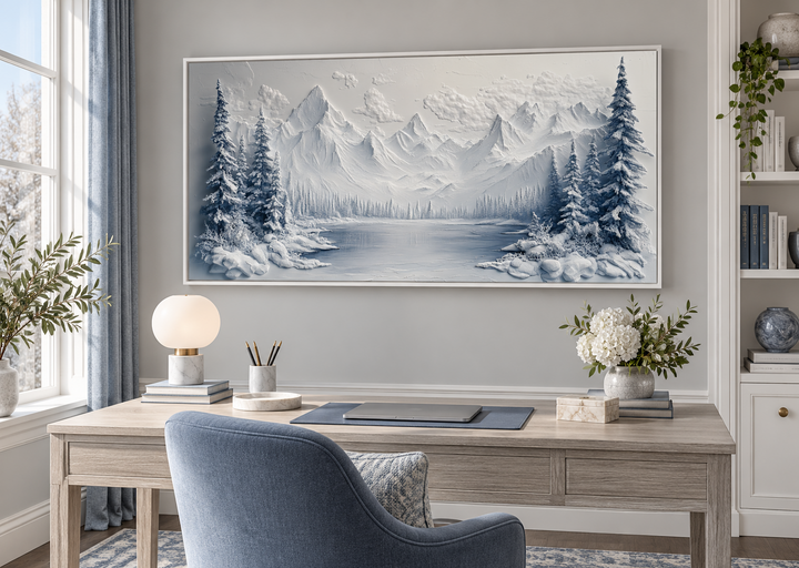 Snowy mountain lake with pine trees winter framed canvas wall art above a desk in a home office.