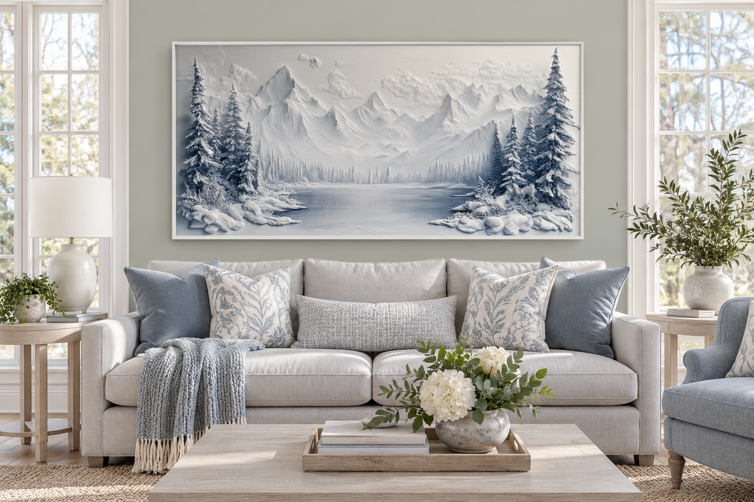 Framed canvas wall art of a snowy mountain lake with pine trees above a sofa in a living room.
