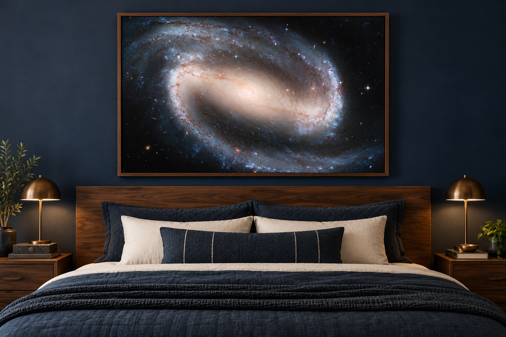 Spiral Galaxy NGC 1300 NASA Hubble photography canvas wall art in a walnut frame above a bed.
