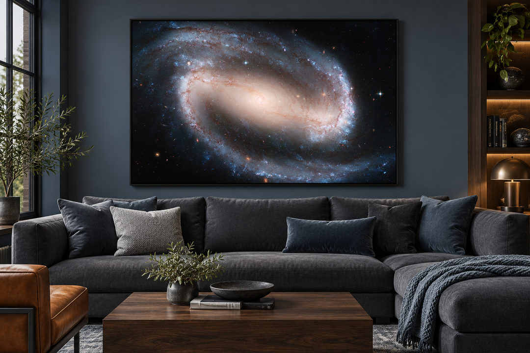 Spiral Galaxy NGC 1300 NASA Hubble photography canvas wall art above a dark gray sectional sofa.