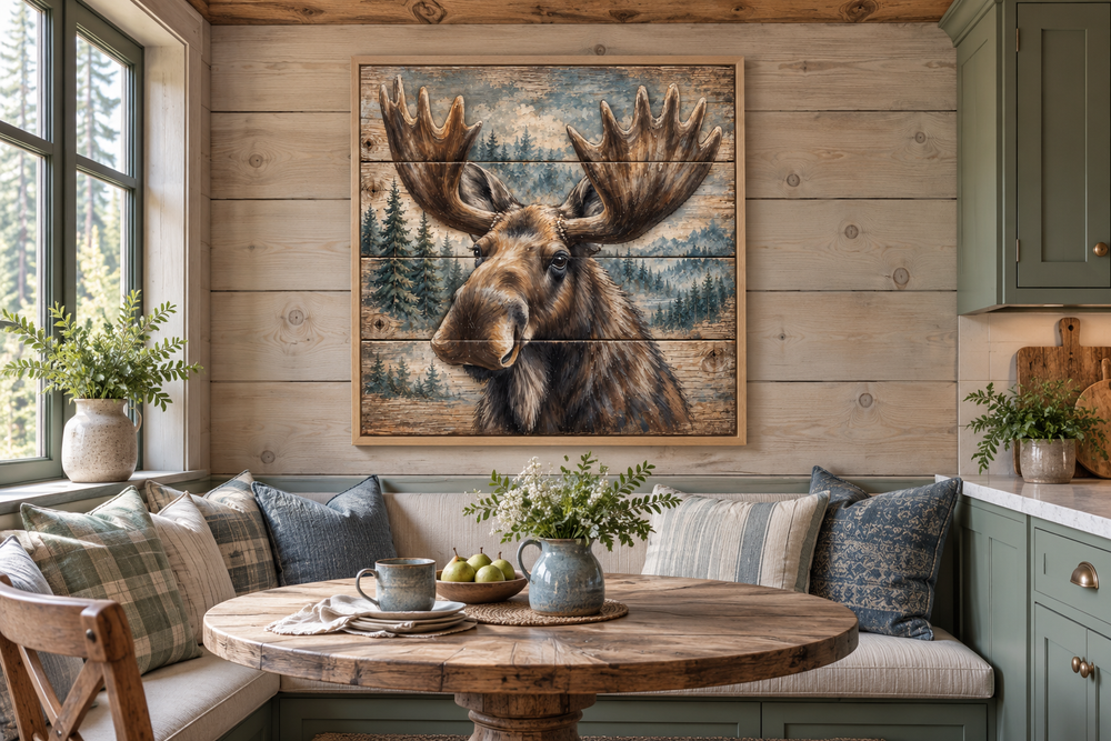 Cute moose portrait on distressed wood framed canvas wall art in a rustic breakfast nook.