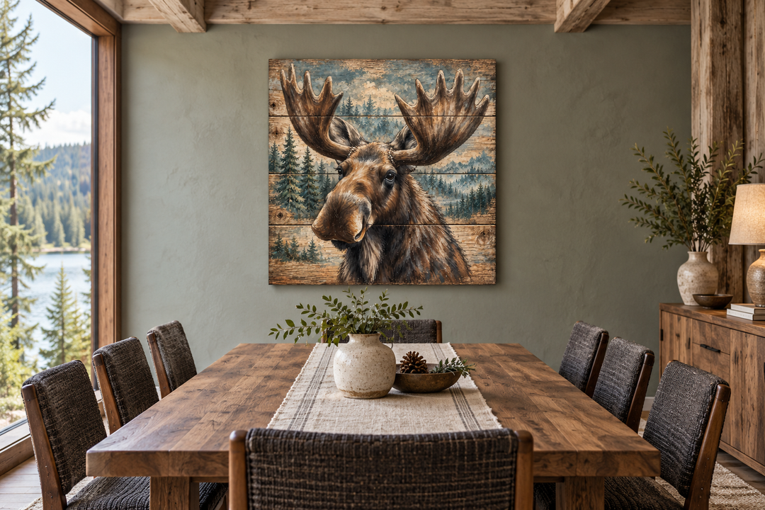 Cute moose portrait on distressed wood framed canvas wall art in a rustic dining room.
