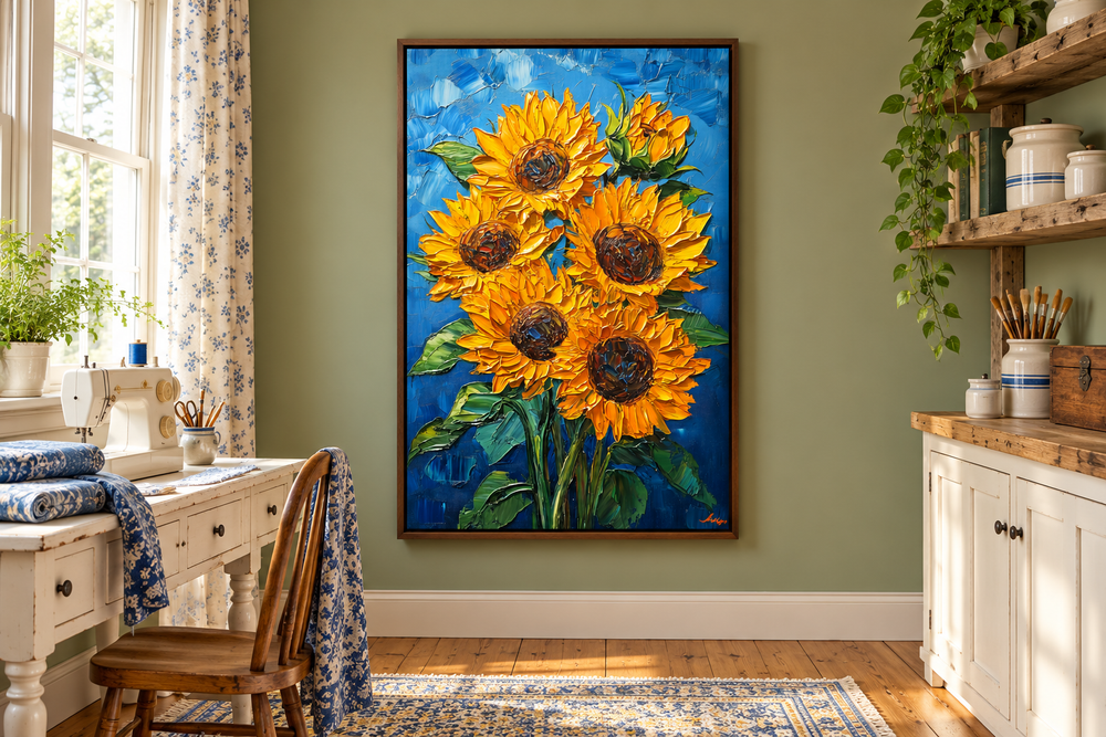 Textured canvas wall art of a sunflower bouquet on a blue background in a farmhouse craft room.