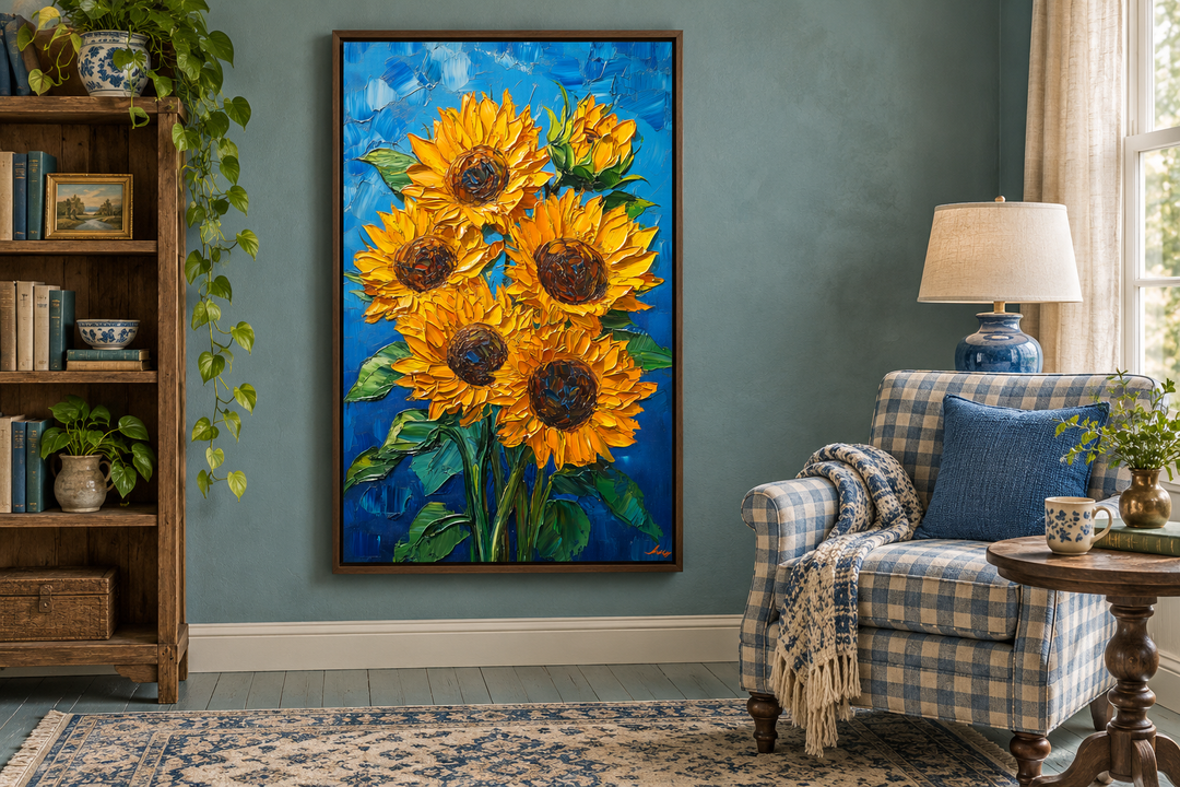 Textured canvas wall art of a sunflower bouquet against a vibrant blue background in a walnut frame.