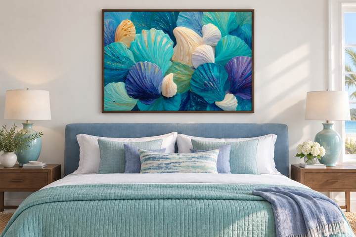 Teal blue and aqua shell abstract wall art in a walnut frame above a bed with coastal bedding.