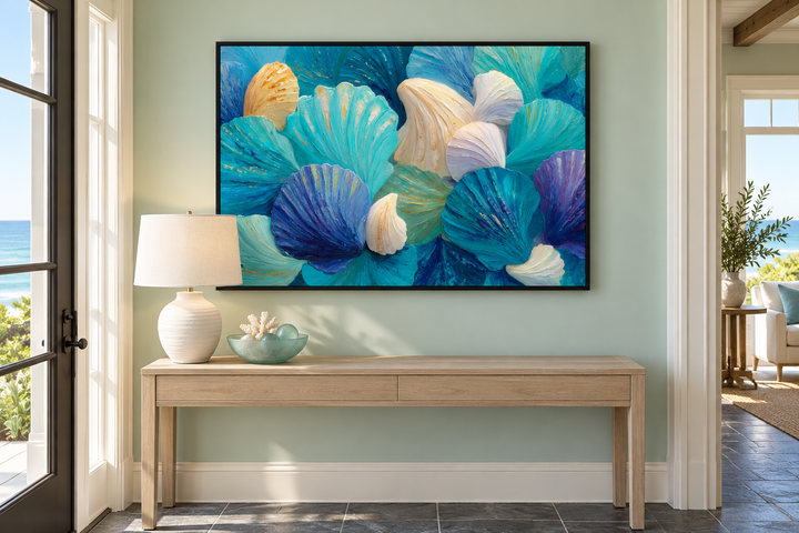 Teal blue and aqua abstract seashell wall art in a black frame above a light wood console table.