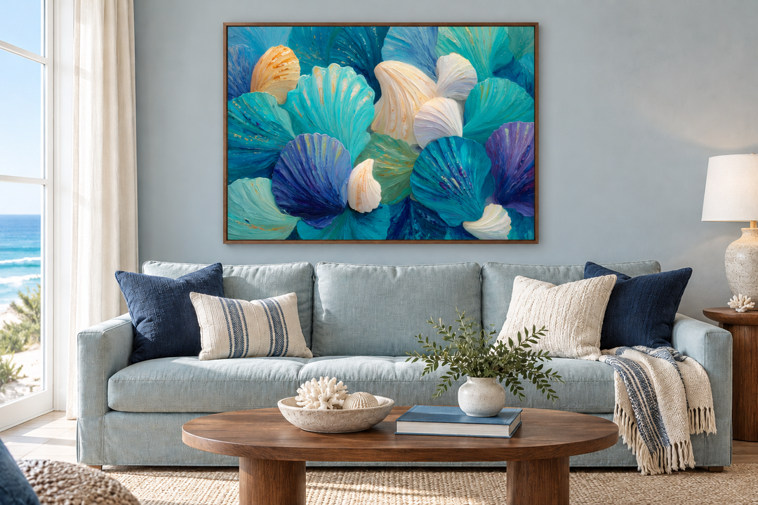 Teal Blue Aqua Shell abstract wall art in a walnut frame above a blue sofa in a coastal living room.