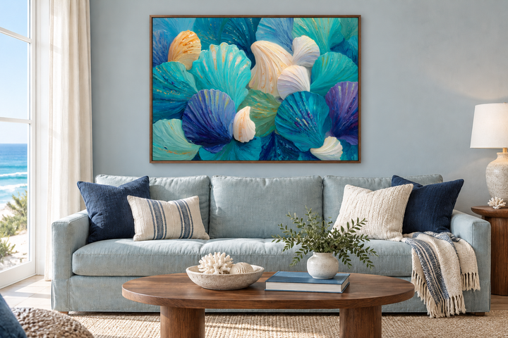 Teal Blue Aqua Shell abstract wall art in a walnut frame above a blue sofa in a coastal living room.