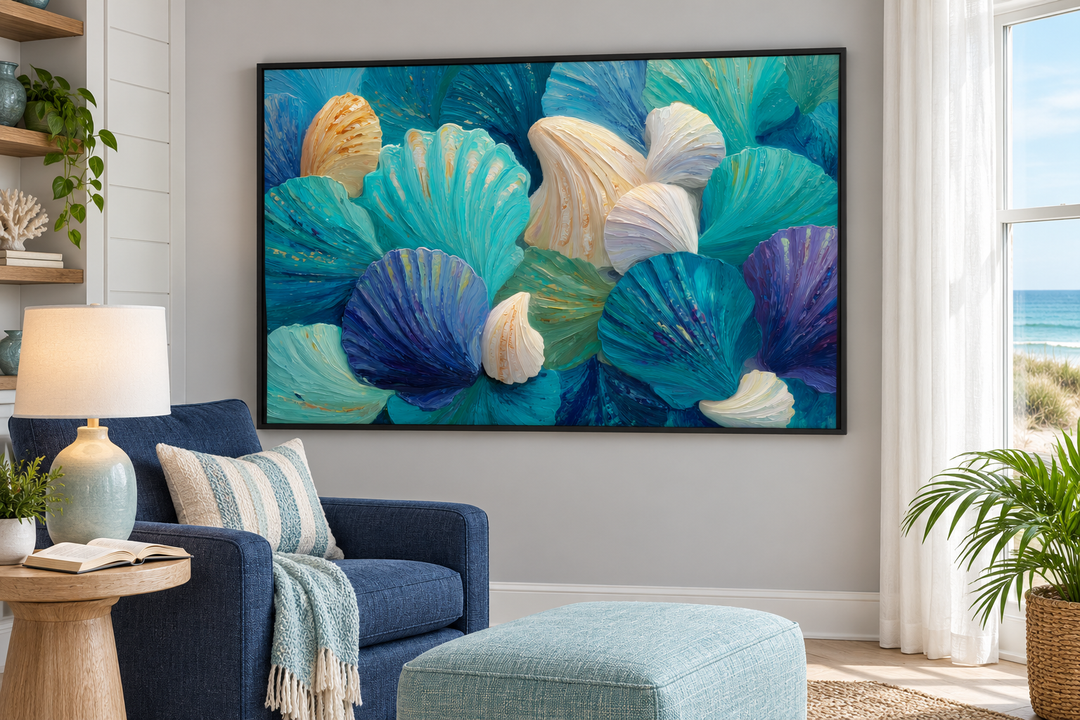 Teal and aqua abstract seashell wall art in a black frame above a blue armchair in a coastal room.