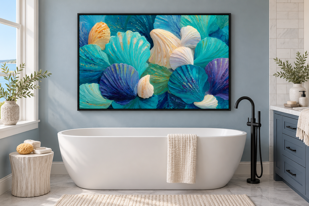 Abstract teal and aqua seashell wall art in a black frame above a white bathtub in a blue bathroom.