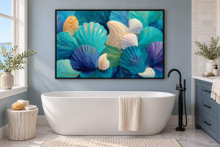 Abstract teal and aqua seashell wall art in a black frame above a white bathtub in a blue bathroom.