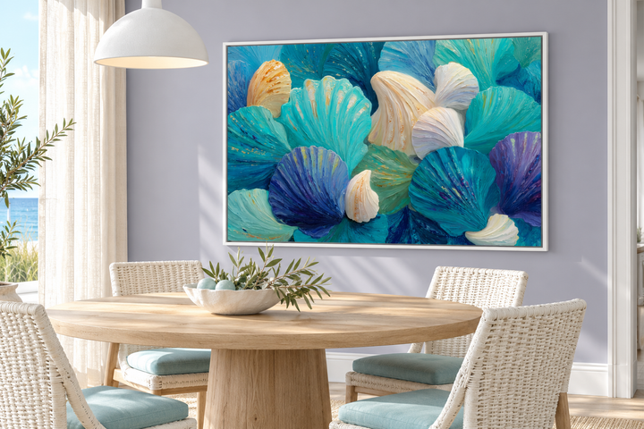 Teal Blue Aqua Shell abstract wall art in a white frame above a round wooden dining table.