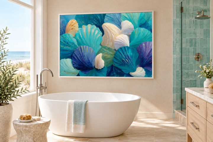 Teal blue and aqua abstract shell wall art hanging above a white bathtub in a coastal bathroom.