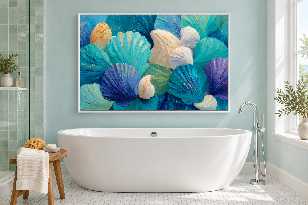 Teal blue and aqua abstract shell wall art hanging above a white bathtub in a coastal bathroom.