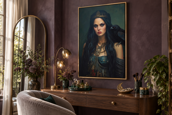 Framed canvas wall art of The Morrigan Celtic Goddess with a raven, hung above a wooden vanity.