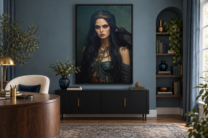 The Morrigan Warrior-Queen Celtic Goddess framed canvas wall art in a blue-gray study.