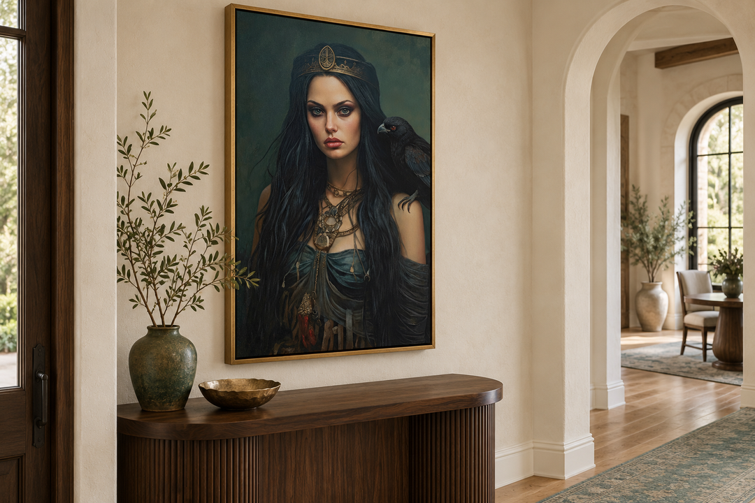 The Morrigan Warrior-Queen Celtic Goddess framed canvas wall art in a gold frame above a wood table.