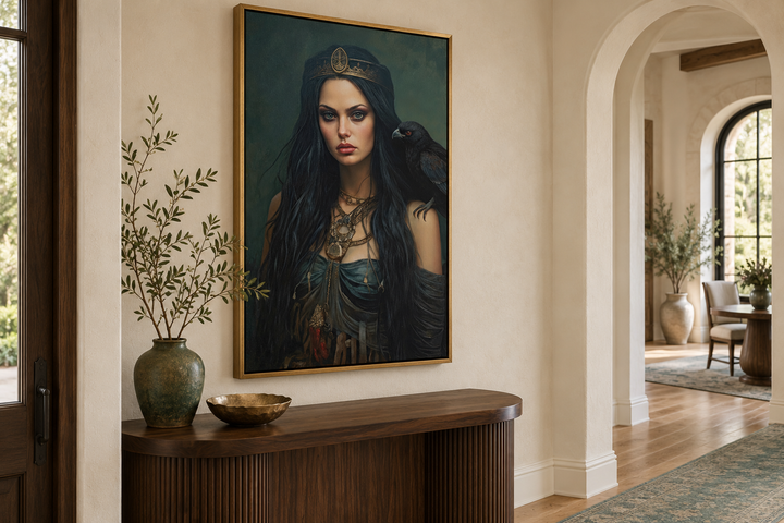The Morrigan Warrior-Queen Celtic Goddess framed canvas wall art in a gold frame above a wood table.