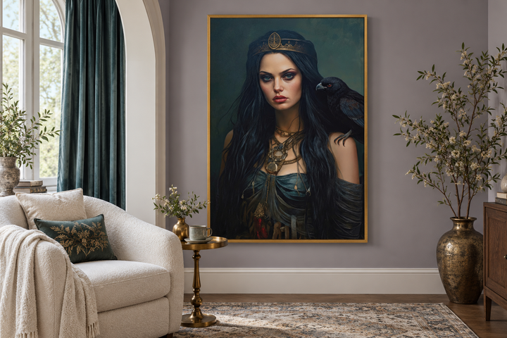 The Morrigan Warrior-Queen Celtic Goddess framed canvas wall art in a gold frame on a gray wall.