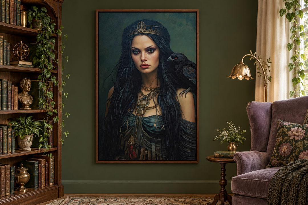 The Morrigan Warrior-Queen Celtic Goddess framed canvas wall art in a dark green library setting.