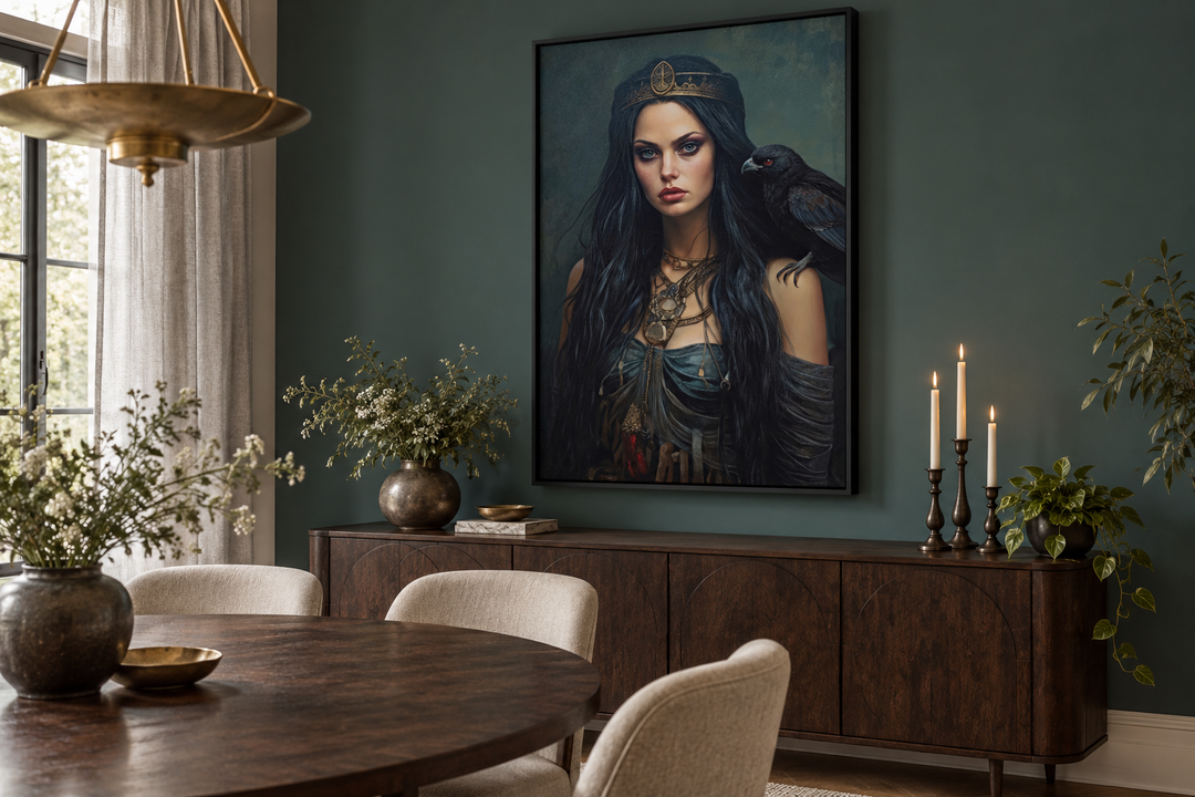 The Morrigan Warrior-Queen Celtic Goddess framed canvas wall art in a dark teal dining room.