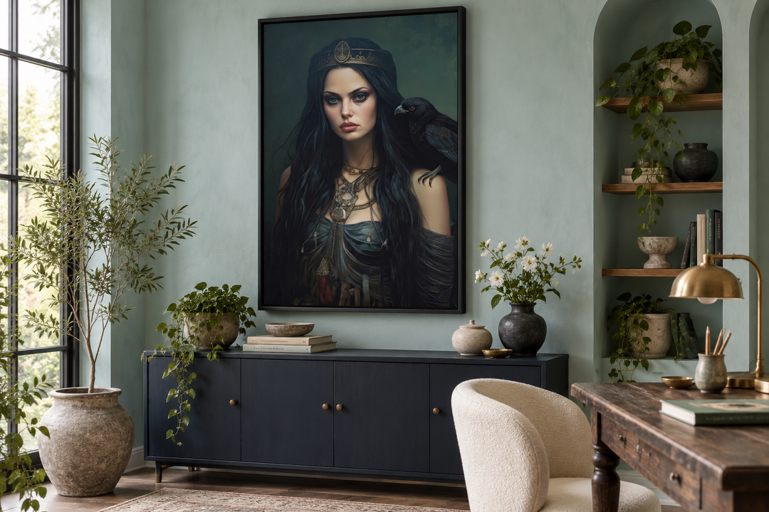 Framed canvas art of The Morrigan Celtic Goddess with a raven, hung above a dark blue sideboard.