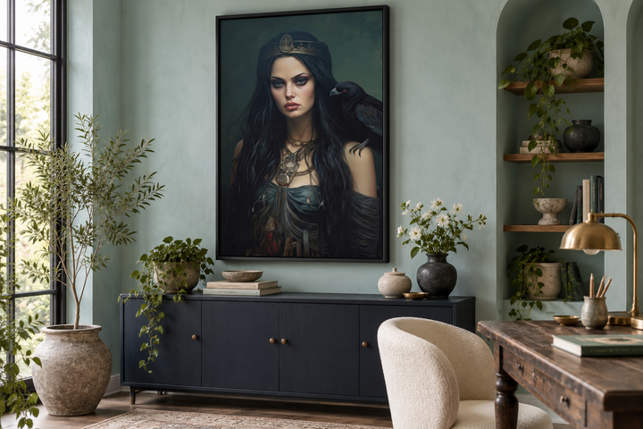 Framed canvas art of The Morrigan Celtic Goddess with a raven, hung above a dark blue sideboard.