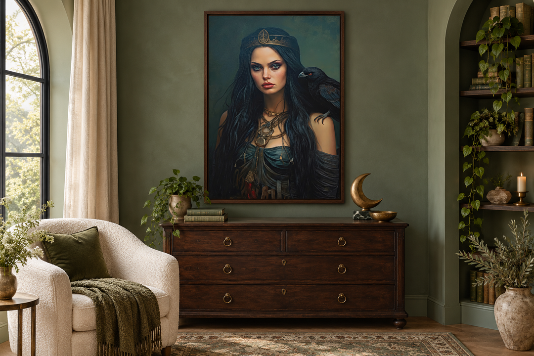 The Morrigan Warrior-Queen Celtic Goddess framed canvas wall art above a dark wood dresser.