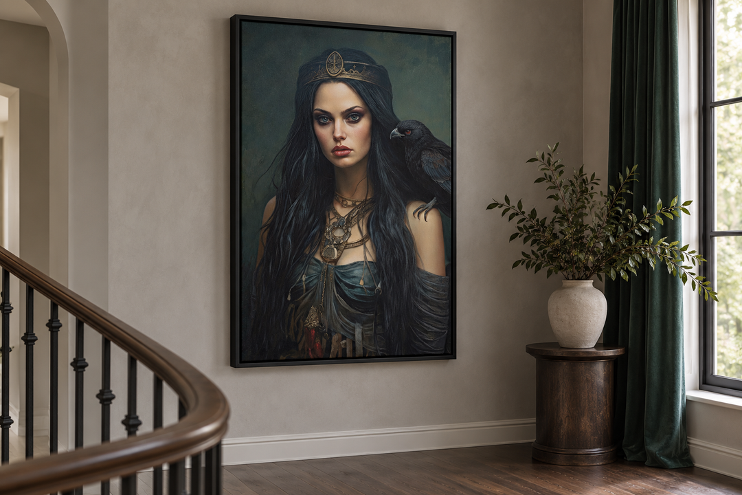 Framed canvas wall art of The Morrigan Celtic Goddess with a raven, hung on a neutral wall.
