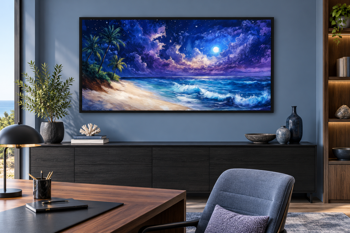 Tropical beach at night under a starry sky framed canvas wall art in a modern office setting.