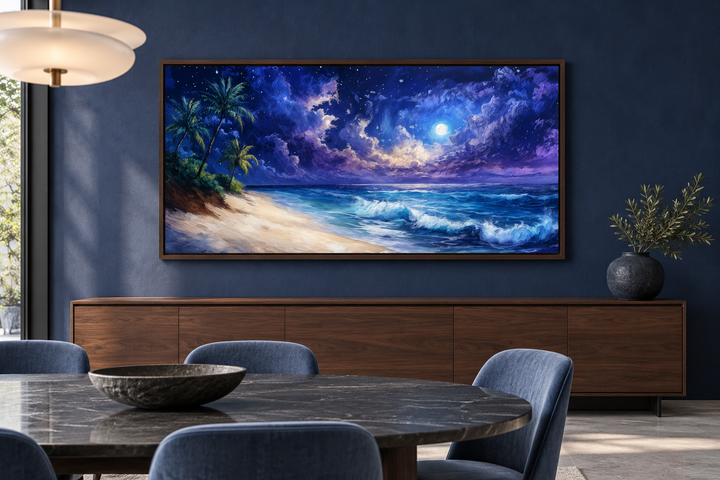Tropical beach at night under starry sky framed canvas wall art in a modern dining room.