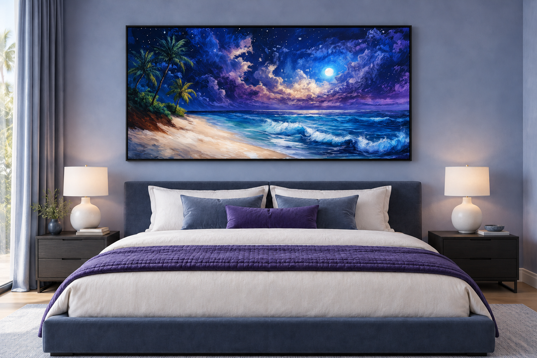Tropical beach at night under starry sky framed canvas wall art above a bed in a modern bedroom.