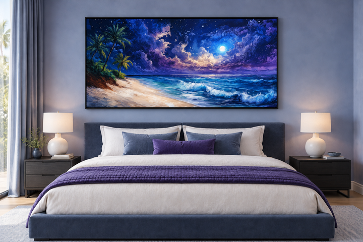 Tropical beach at night under starry sky framed canvas wall art above a bed in a modern bedroom.