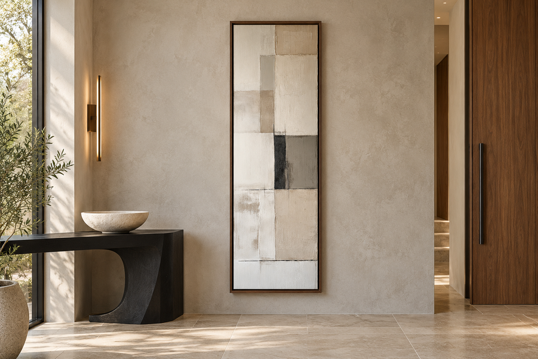 Vertical abstract geometric wall art with beige, black, and white panels in a slim walnut frame.