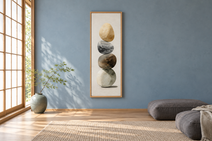 Vertical canvas wall art of four stacked stones in a minimalist room with blue walls.