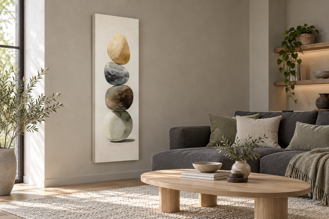 Vertical Zen Stacked Stones Canvas Wall Art in a minimalist Japandi living room.