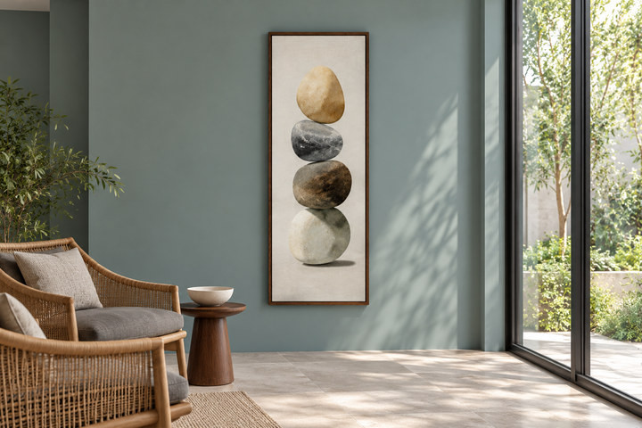 Vertical Zen Stacked Stones Canvas Wall Art in a slim wood frame on a teal wall in a modern room.