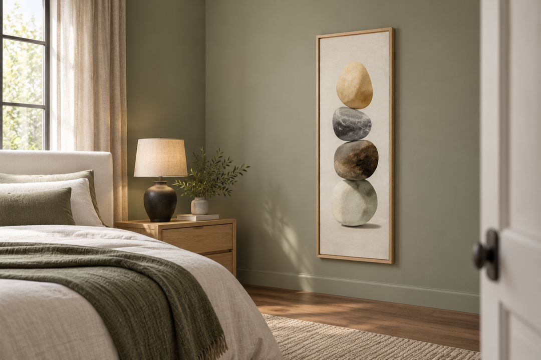 Vertical Zen Stacked Stones Canvas Wall Art in a light wood frame on an olive green bedroom wall.