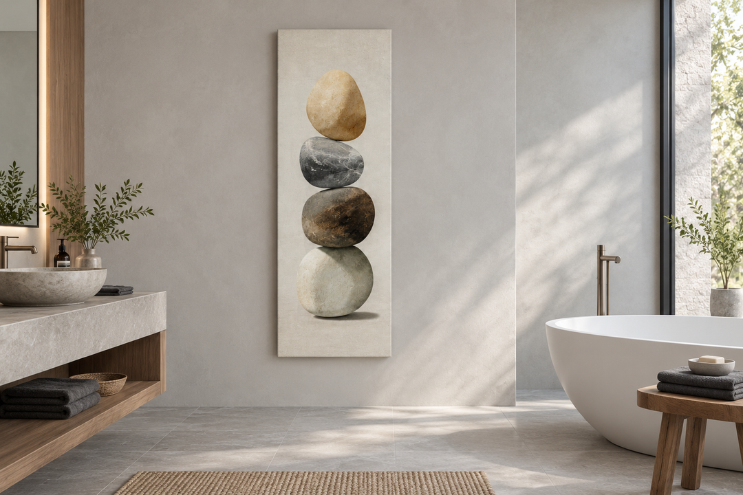 Vertical Zen Stacked Stones Canvas Wall Art featuring four balanced, organic stones in a bathroom.