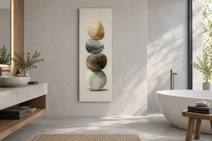 Vertical Zen Stacked Stones Canvas Wall Art featuring four balanced, organic stones in a bathroom.