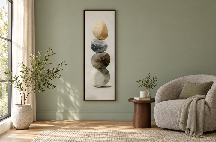 Vertical Zen Stacked Stones Canvas Wall Art in a dark wood frame on a sage green wall.