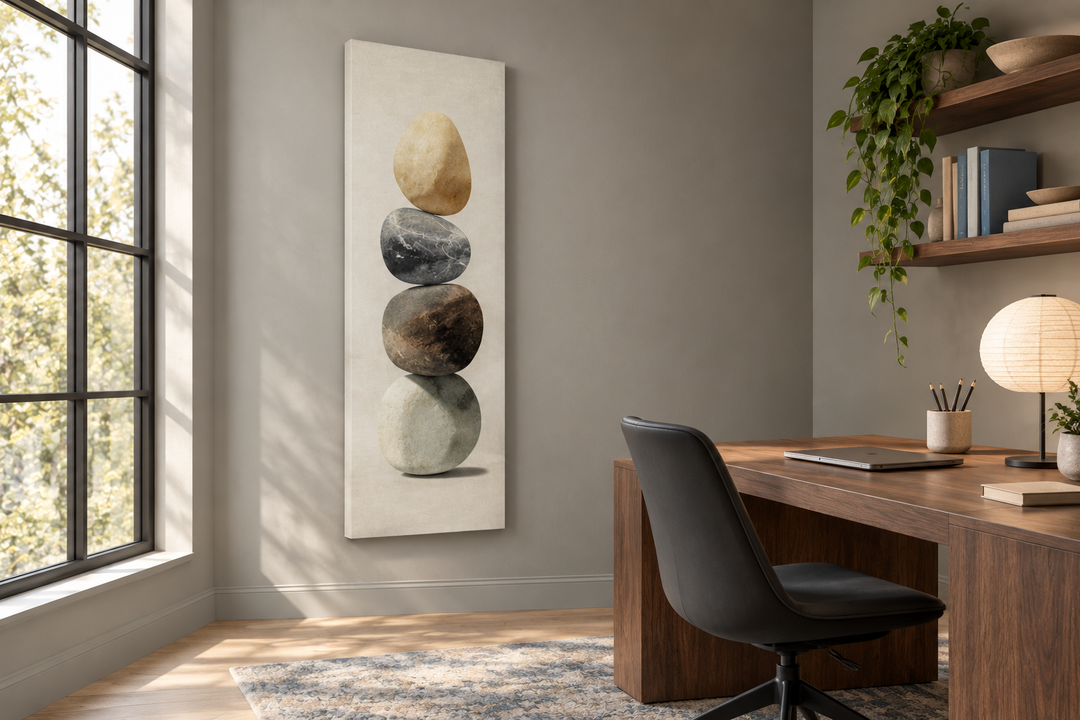 Vertical Zen Stacked Stones Canvas Wall Art in a minimalist home office with a wooden desk.