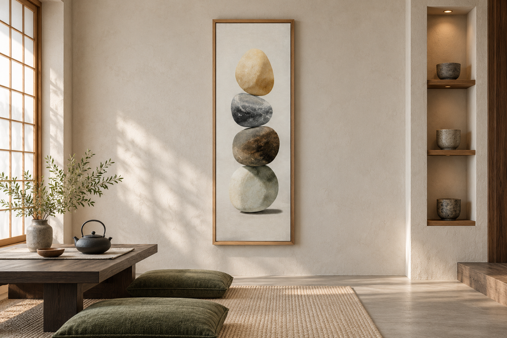 Vertical canvas wall art of four stacked stones in a minimalist Zen tea room with oak frame.
