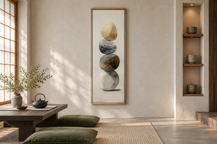 Vertical canvas wall art of four stacked stones in a minimalist Zen tea room with oak frame.