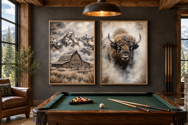 Set of 2 framed canvas prints featuring an American Bison and Moulton Barn in Grand Teton Mountains.