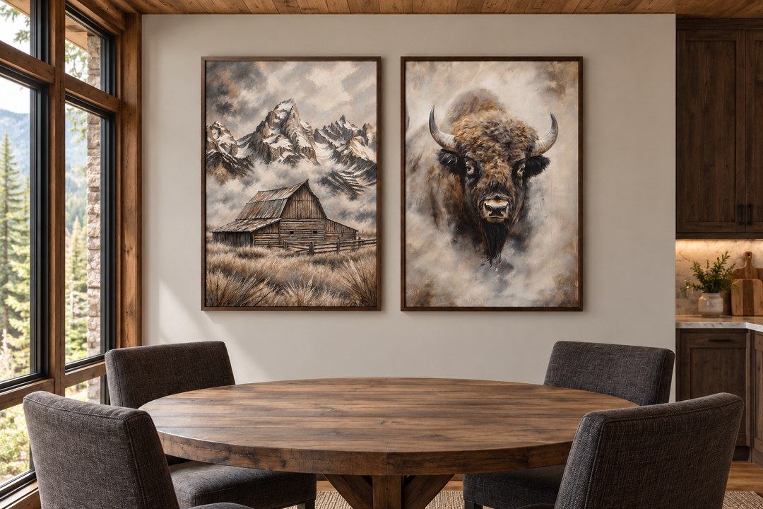 Set of 2 framed wall art prints featuring an American Bison and Moulton Barn in Grand Teton.